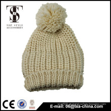 Bege cor mulheres clássico inverno acrílico tricô chapéu pom pom beanie